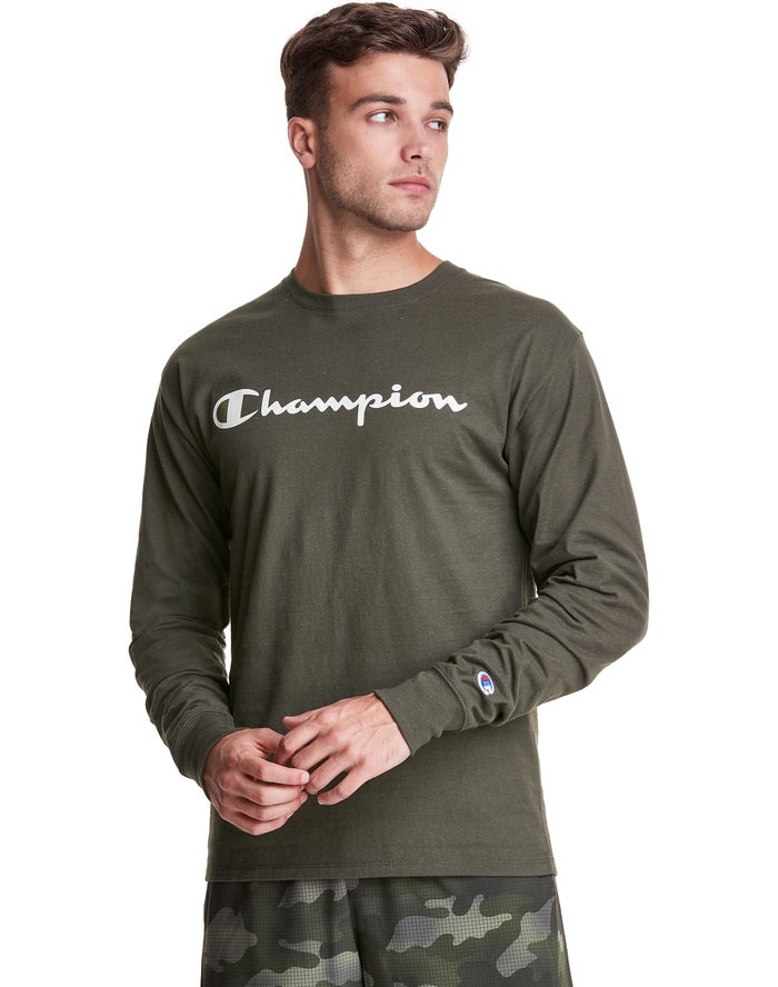 Camiseta Champion Hombre - Classic Long-Sleeve Script Logo ( Verde Oliva ) 9064815-IA